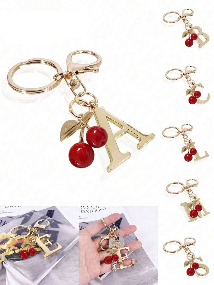 Golden Initial Cherry Pendant Keychain