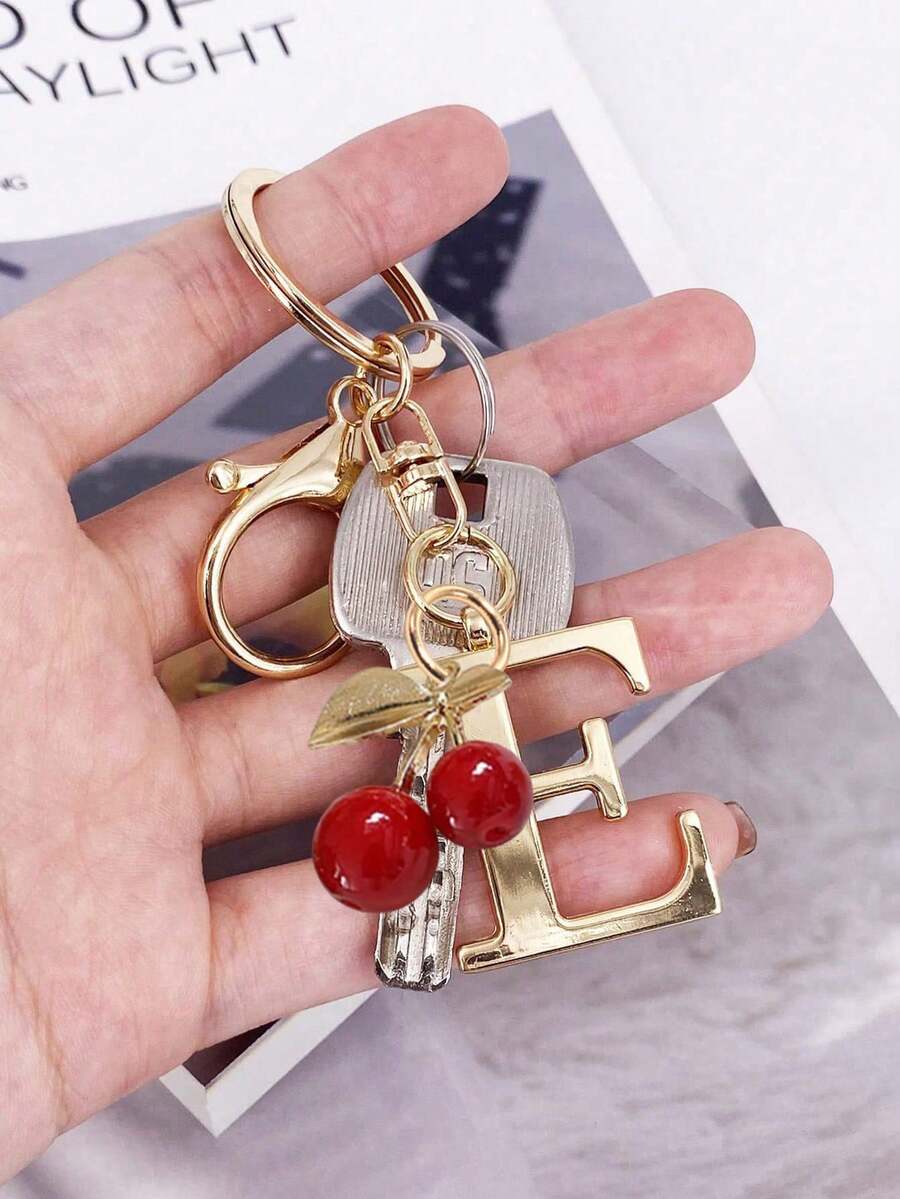 Golden Initial Cherry Pendant Keychain