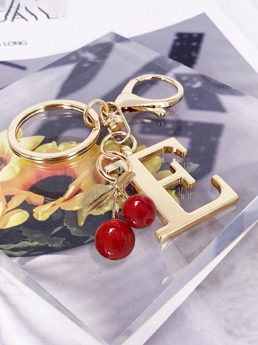 Golden Initial Cherry Pendant Keychain