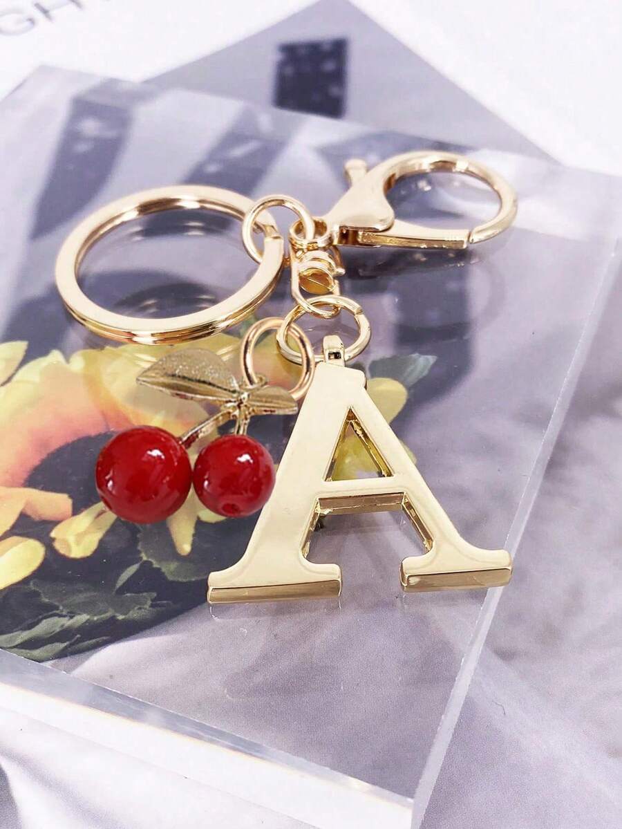 Golden Initial Cherry Pendant Keychain