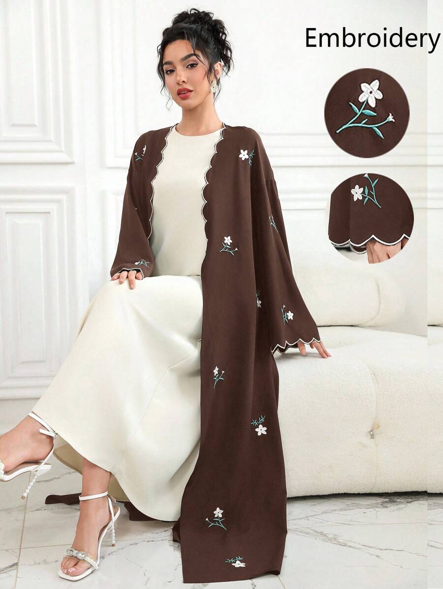 Al Najma Floral Embroidered Tie-Front Kimono Abaya