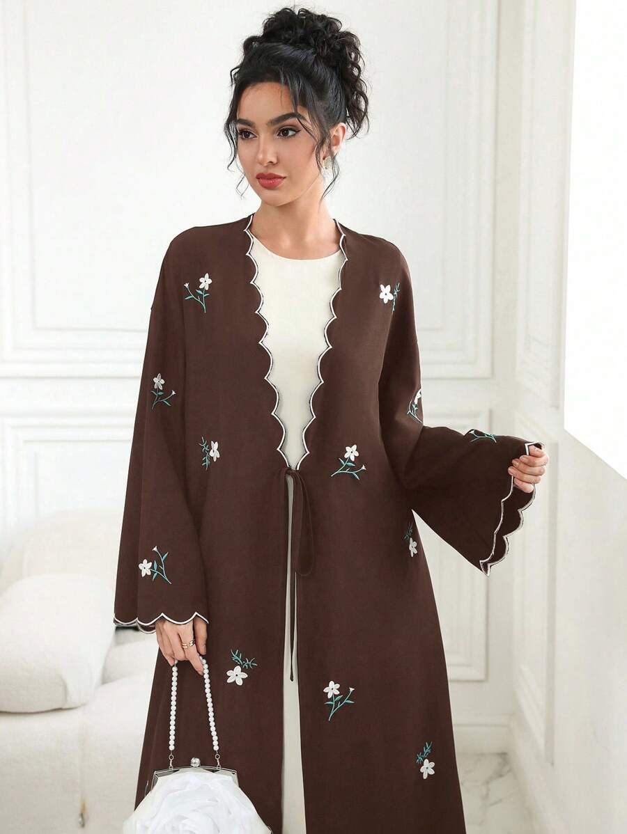 Al Najma Floral Embroidered Tie-Front Kimono Abaya