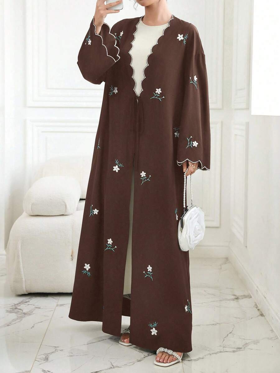 Al Najma Floral Embroidered Tie-Front Kimono Abaya