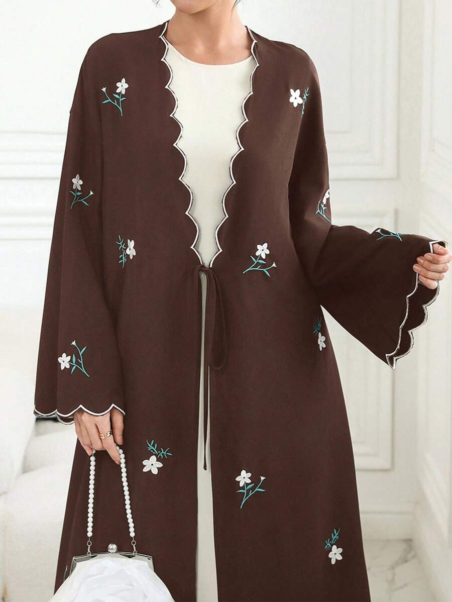 Al Najma Floral Embroidered Tie-Front Kimono Abaya