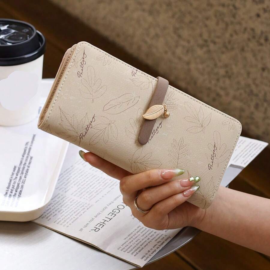 PRETTYZYS Elegant Beige Leaf Buckle Long Wallet