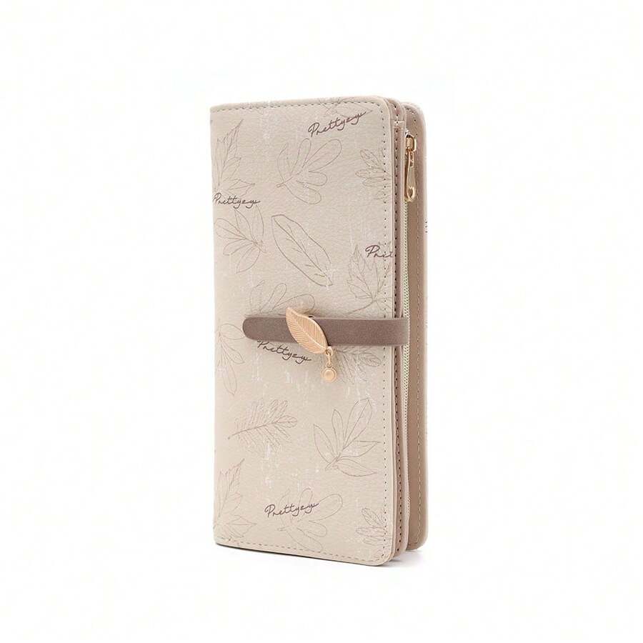 PRETTYZYS Elegant Beige Leaf Buckle Long Wallet