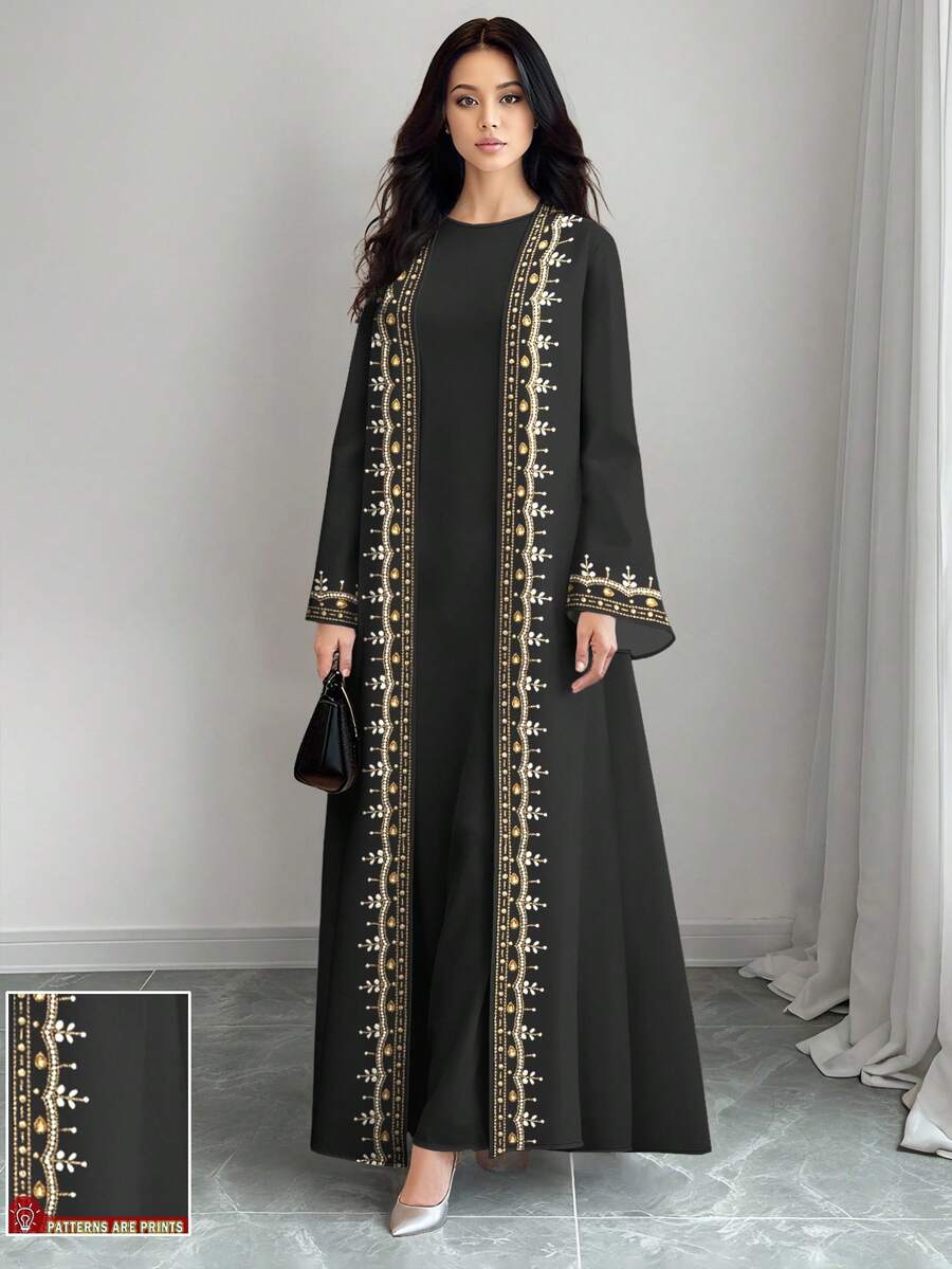 Al Najma Black and Gold Floral Print Abaya Cardigan