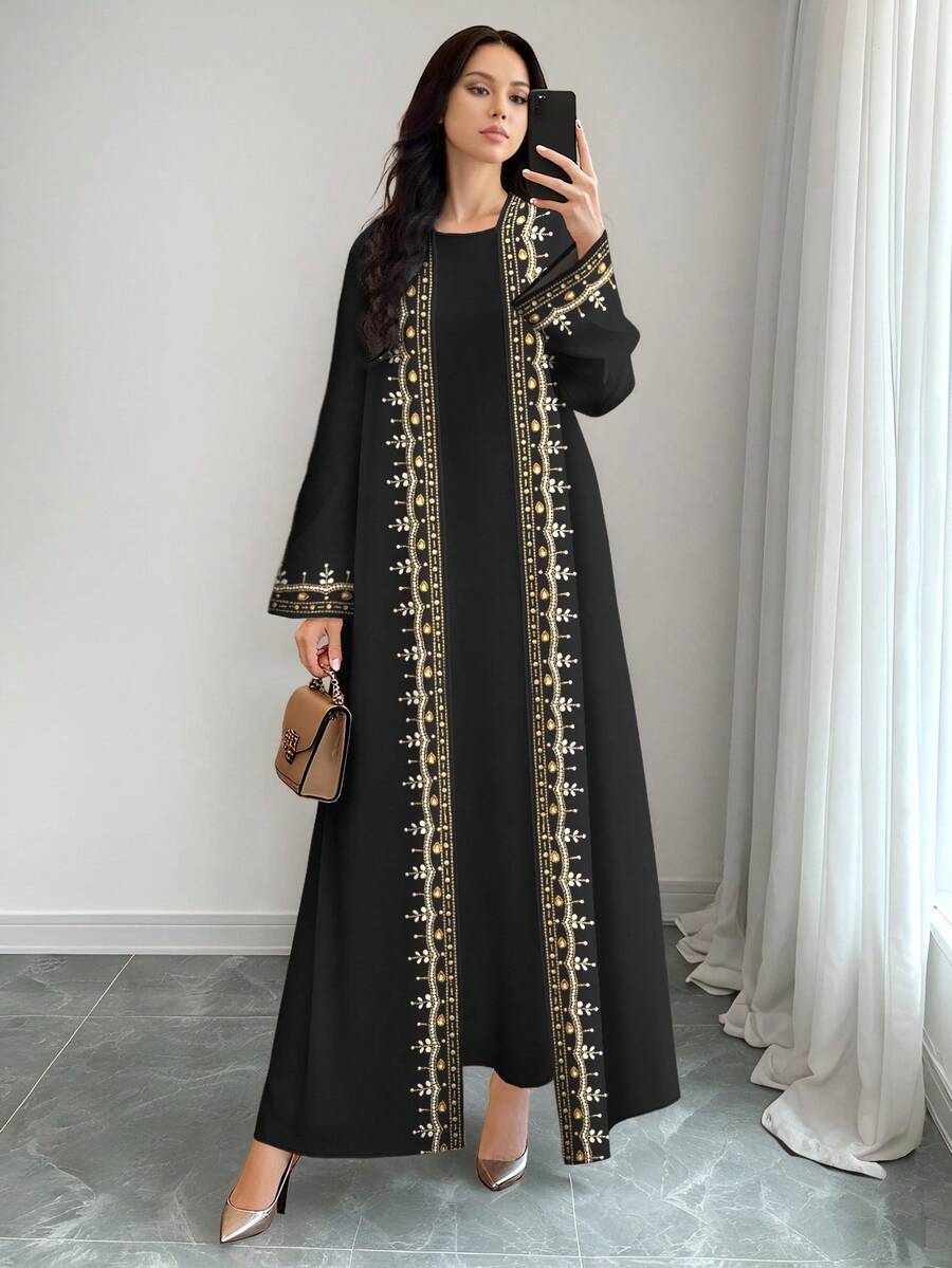 Al Najma Black and Gold Floral Print Abaya Cardigan