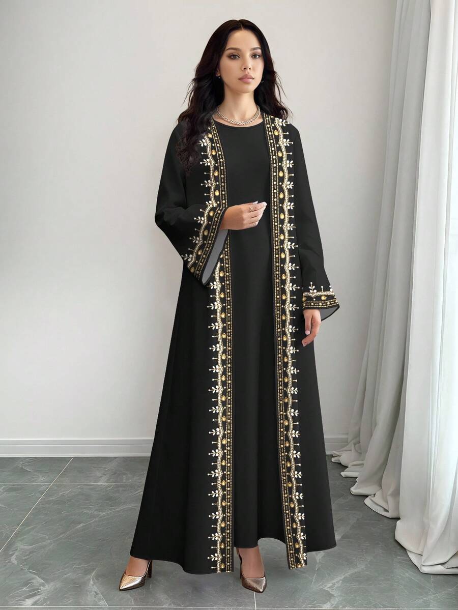 Al Najma Black and Gold Floral Print Abaya Cardigan