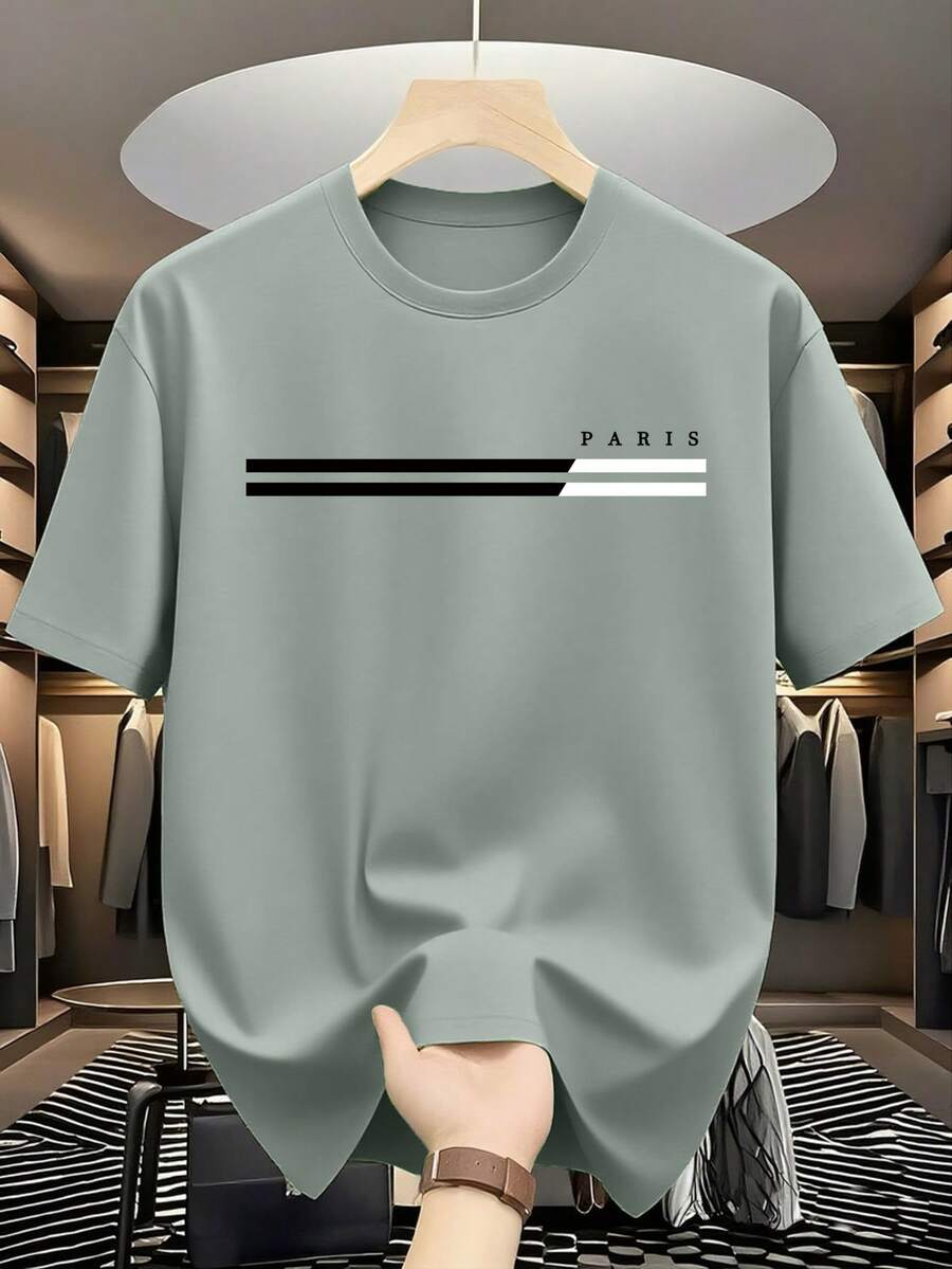 Men's Striped Letter Print Casual T-Shirt