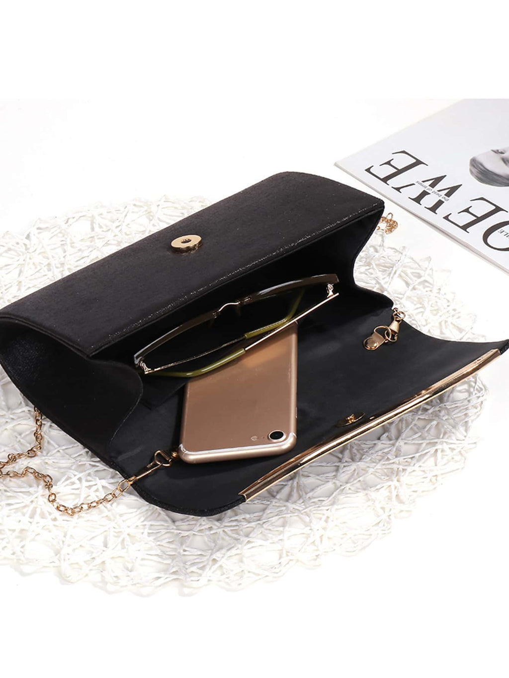 Midnight Chic Black Metal Trim Evening Clutch