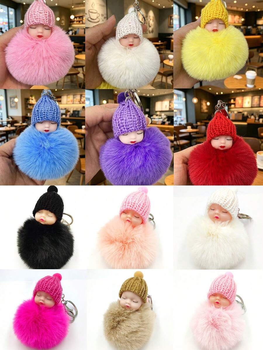 Fluffy Cartoon Round Bag Charm Keychain