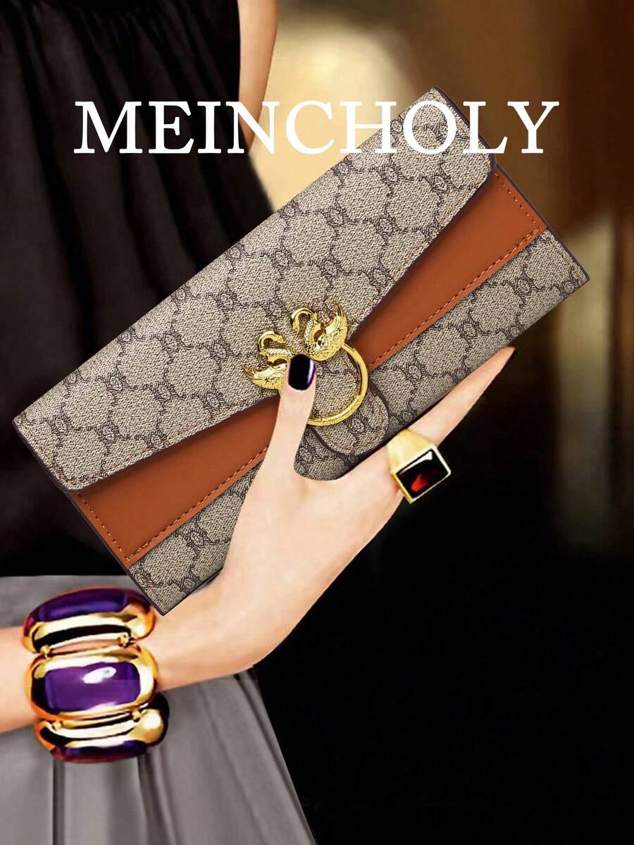 Floral Accent Metal Trim Zip Clutch Wallet