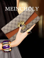 Floral Accent Metal Trim Zip Clutch Wallet