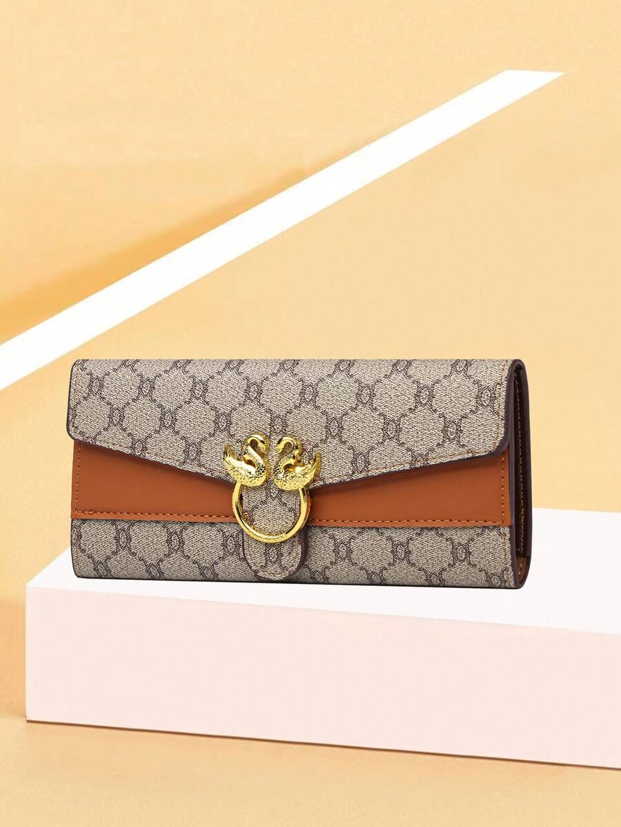 Floral Accent Metal Trim Zip Clutch Wallet