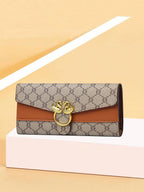 Floral Accent Metal Trim Zip Clutch Wallet