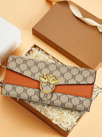 Floral Accent Metal Trim Zip Clutch Wallet