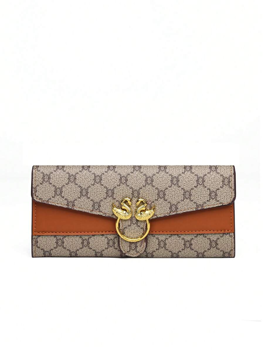 Floral Accent Metal Trim Zip Clutch Wallet