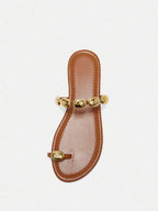 Bholvia Women's Metal Bead Bohemian Tan Flat Sandals