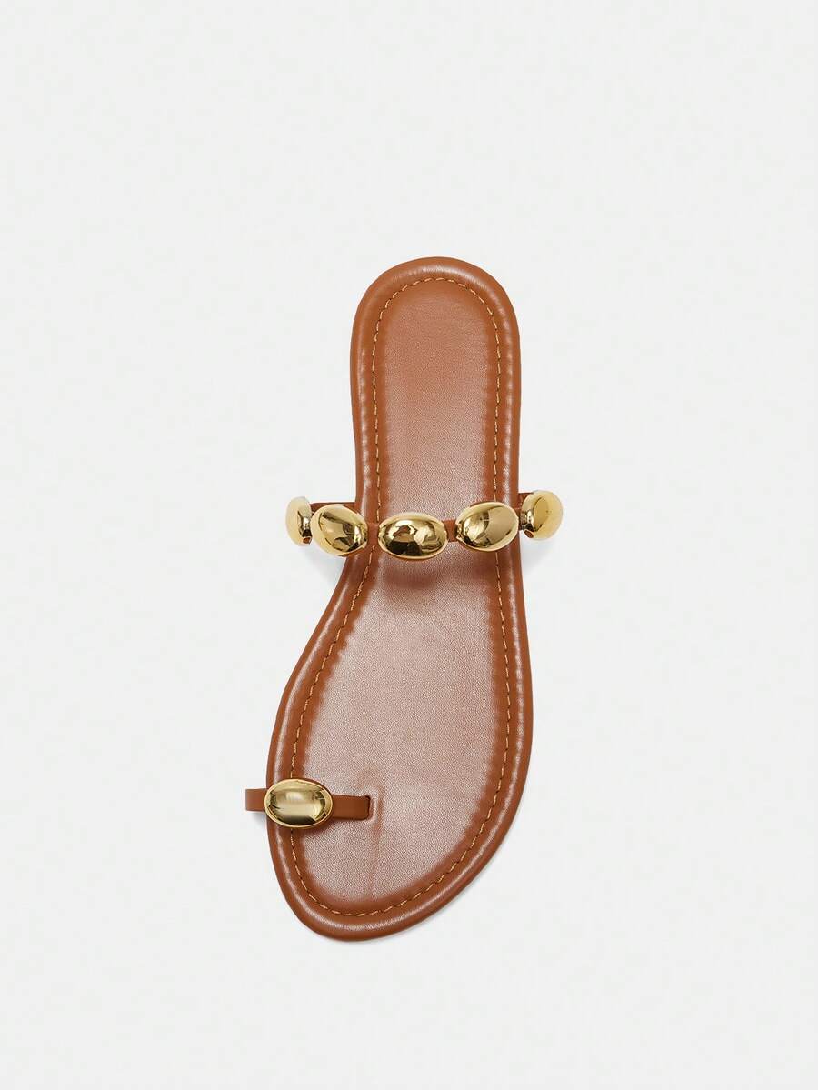 Bholvia Women's Metal Bead Bohemian Tan Flat Sandals