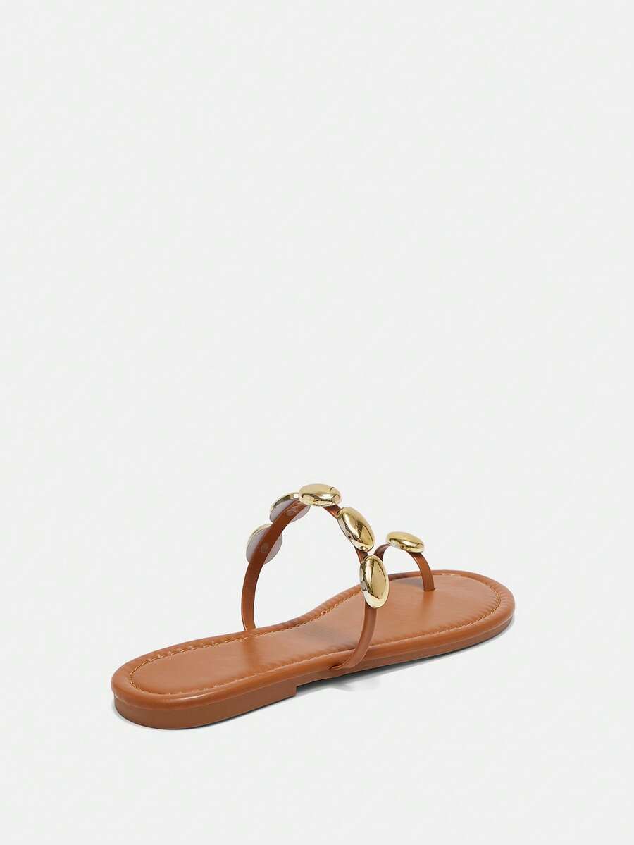 Bholvia Women's Metal Bead Bohemian Tan Flat Sandals