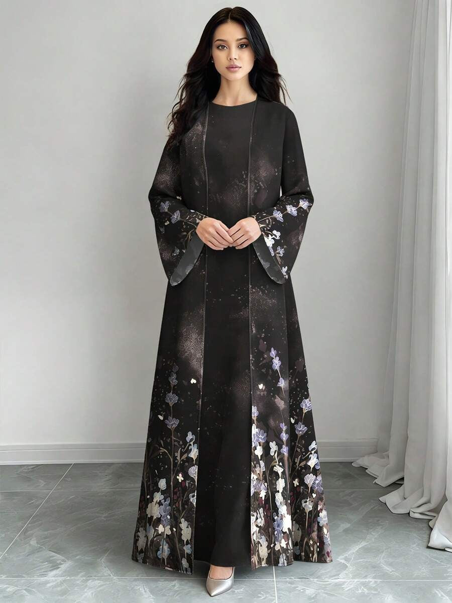 Al Najma Retro Gradient Floral Open Abaya