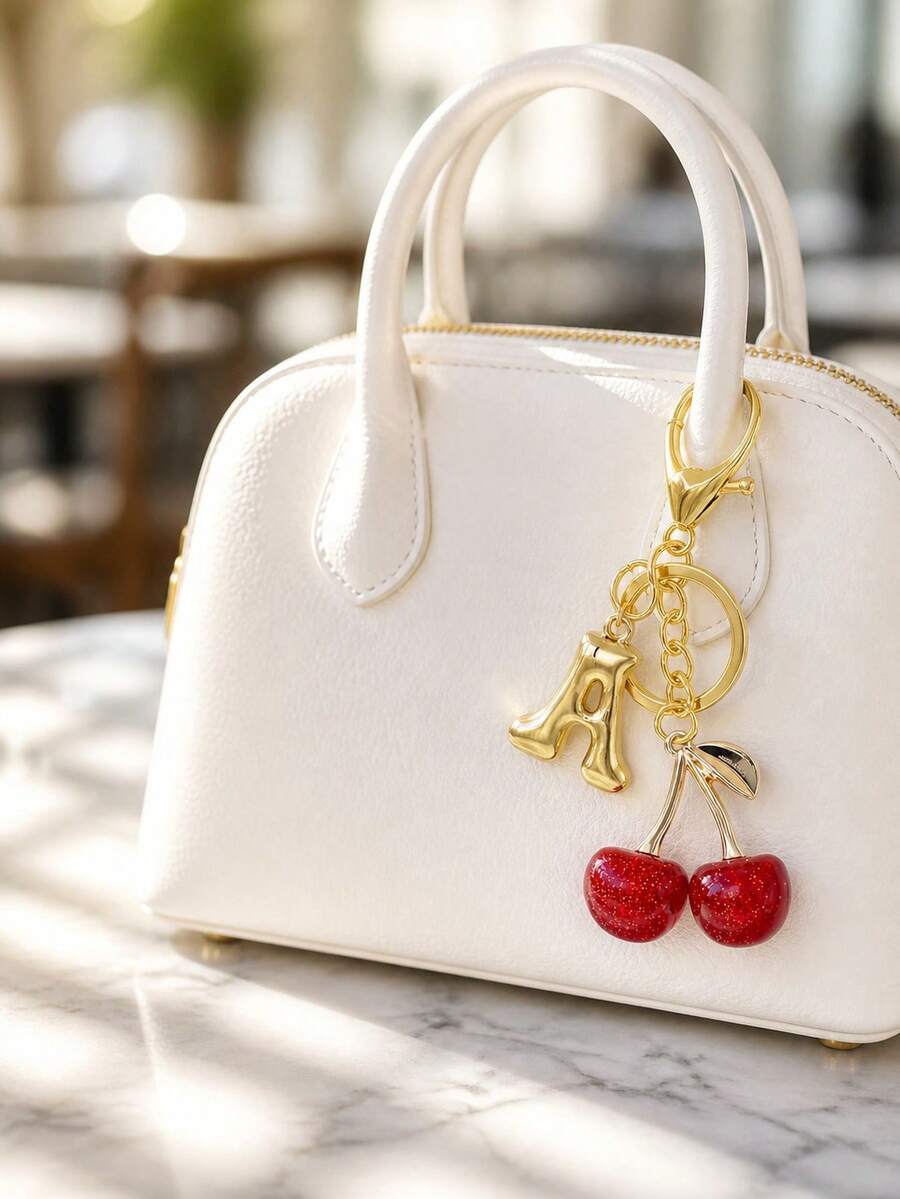 Cherry Initial Gold Letter Bag Charm Keychain