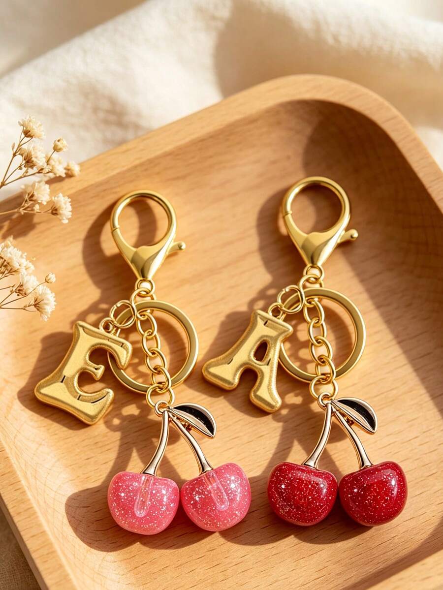 Cherry Initial Gold Letter Bag Charm Keychain