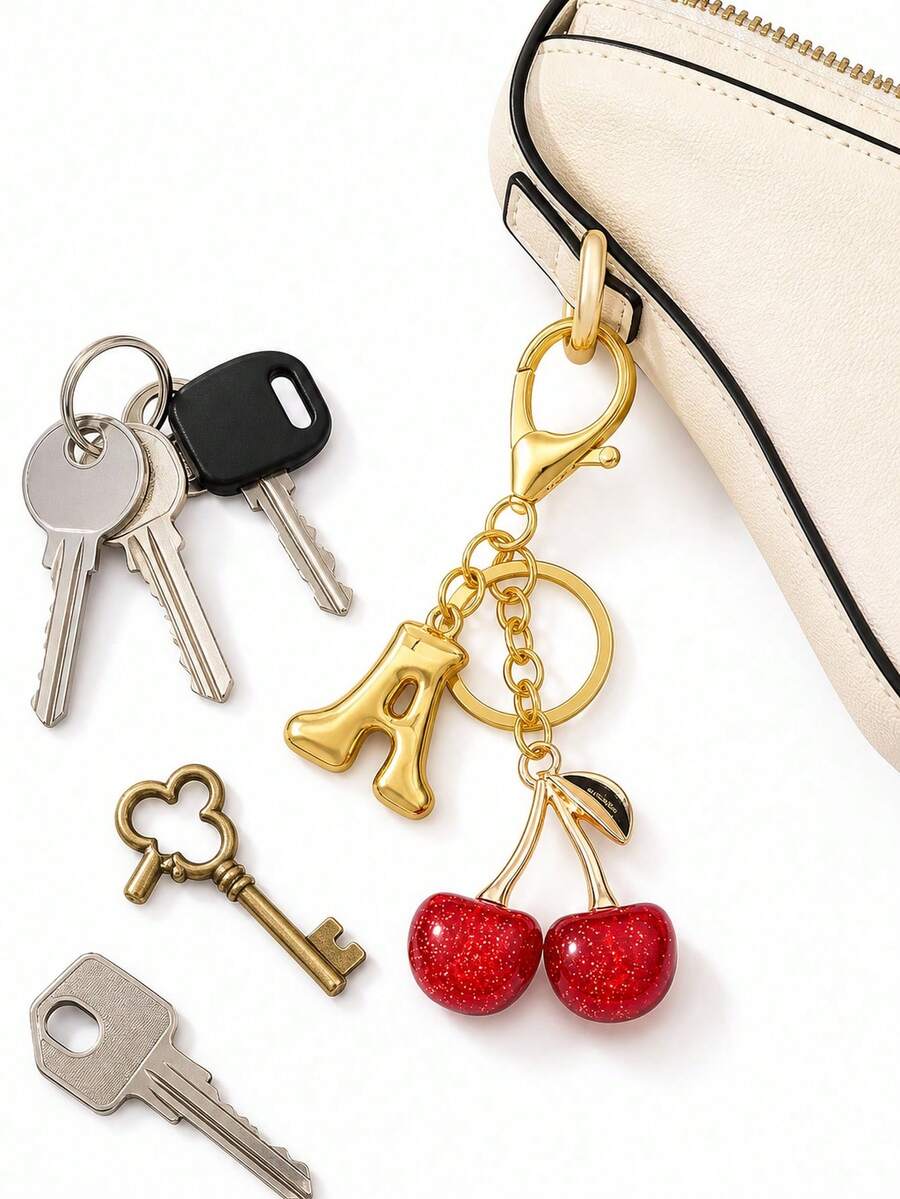 Cherry Initial Gold Letter Bag Charm Keychain