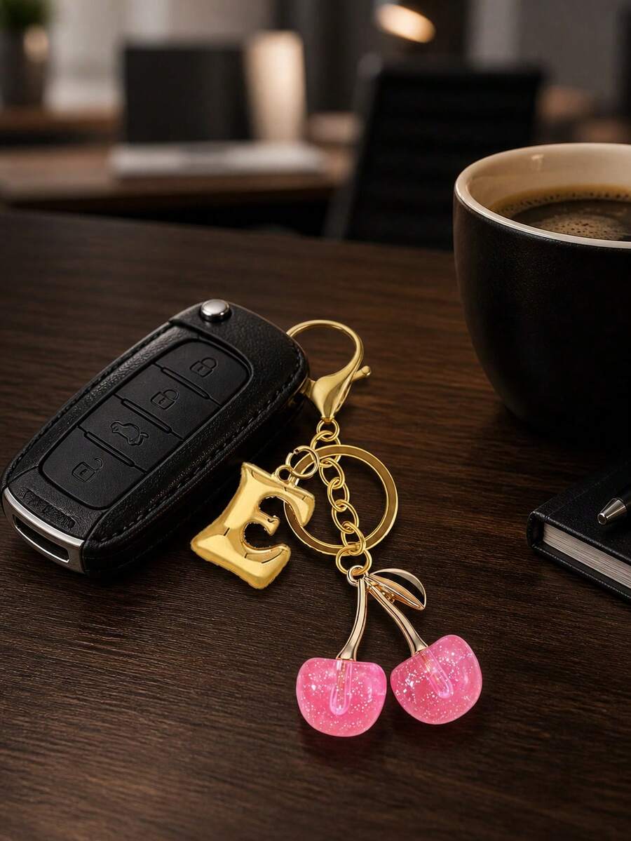 Cherry Initial Gold Letter Bag Charm Keychain