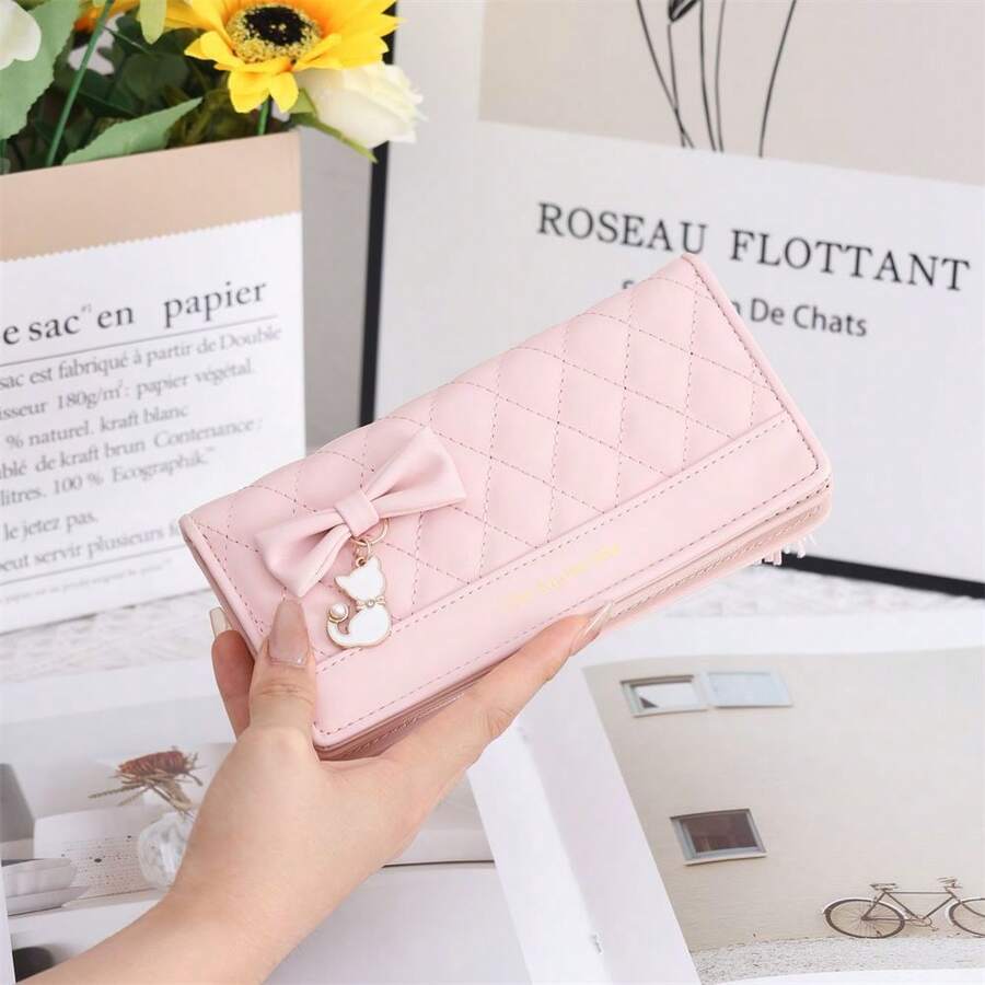 Quilted Bow Charm Large Capacity Long Wallet
