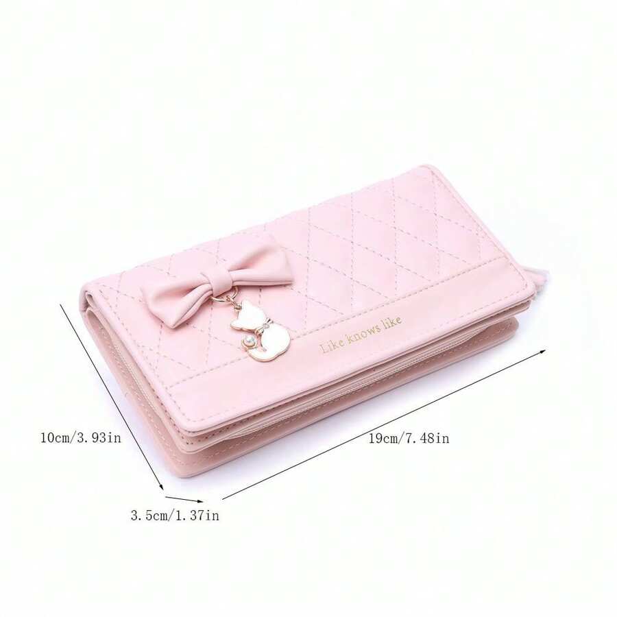 Quilted Bow Charm Large Capacity Long Wallet