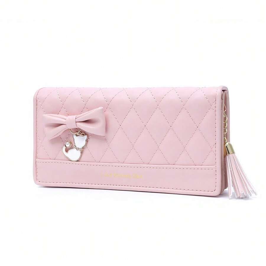 Quilted Bow Charm Large Capacity Long Wallet