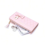 Quilted Bow Charm Large Capacity Long Wallet