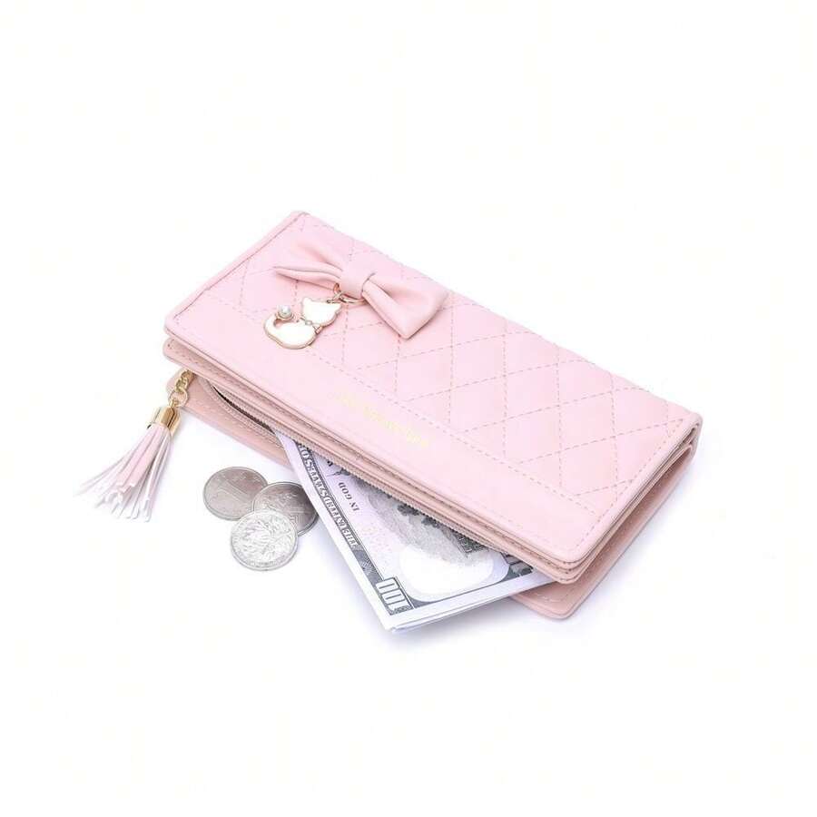Quilted Bow Charm Large Capacity Long Wallet