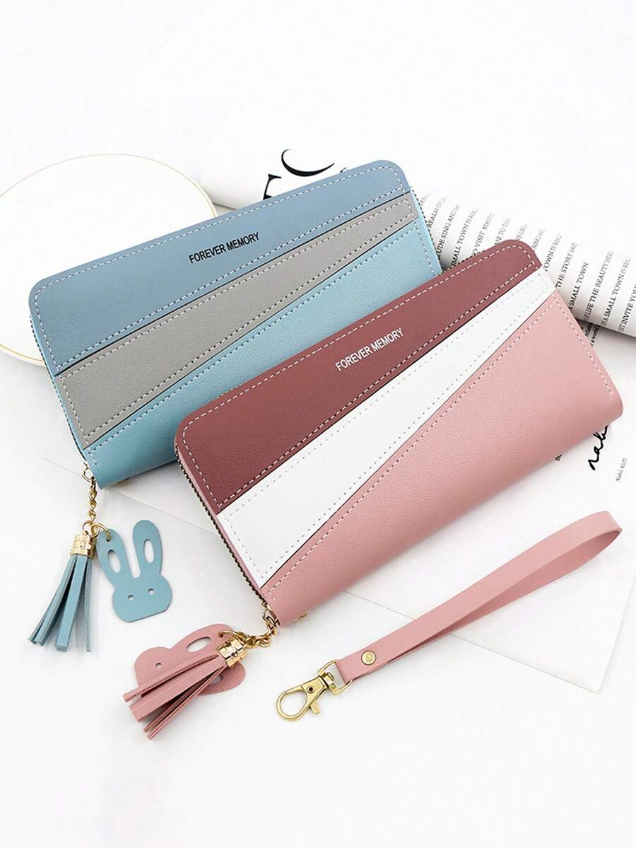 Chic Colorblock Double-Zip Long Wallet