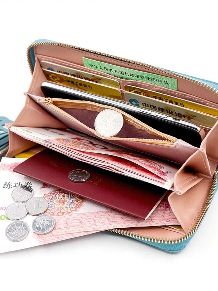 Chic Colorblock Double-Zip Long Wallet