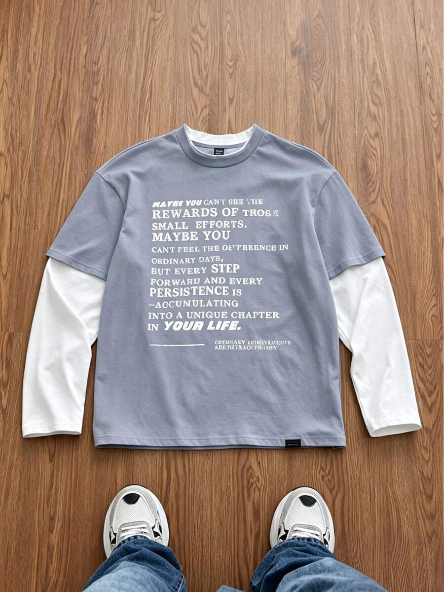 SWAVVY Men's Long Sleeve Patchwork Letter Print T-Shirt