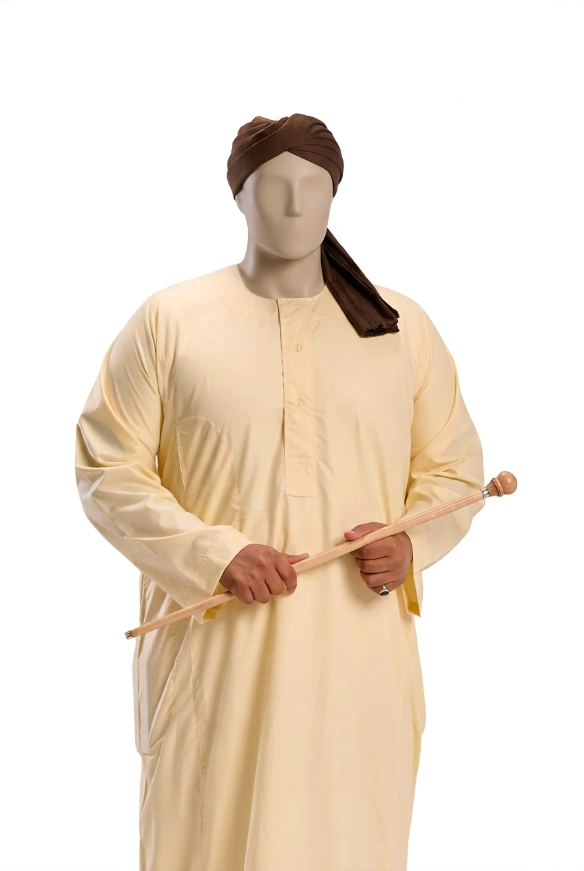 Cream Sudanese jalabiya with brown turban on a male mannequin against a white background, hand-in-pocket pose