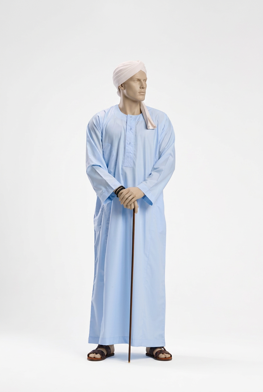 Full-length sky-blue Sudanese jalabiya on a male mannequin against a white background
