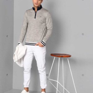 Solid High Neck Casual Men Grey Sweater