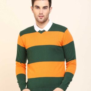 Striped V Neck Casual Men Green, Orange Sweater